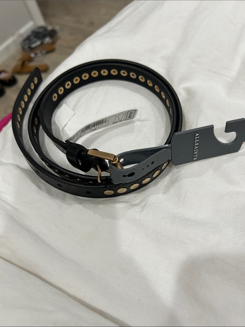 All Saints Black Leather Studded Waist Belt with Gold Hardware